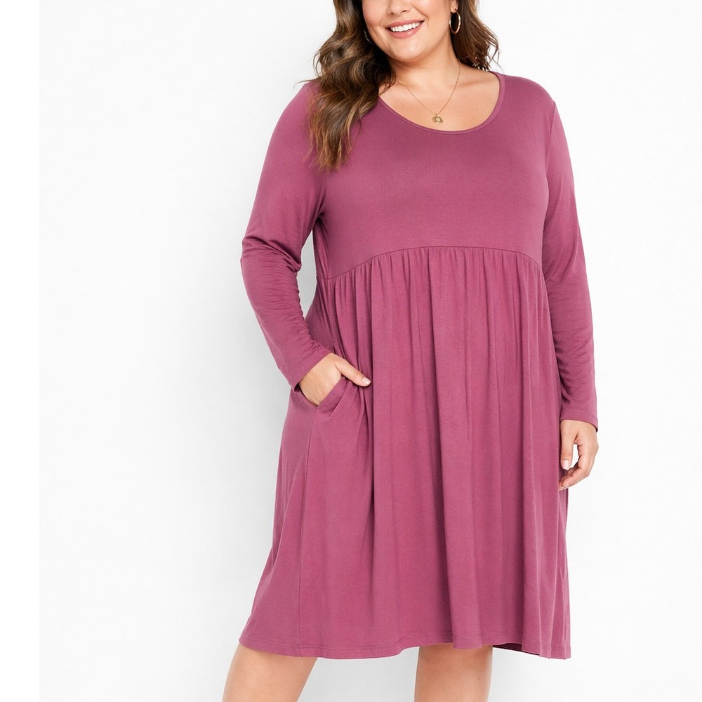 Poseshe Plus Size 3X‎ Mauve Long Sleeve Empire Waist Babydoll Midi Dress NWT